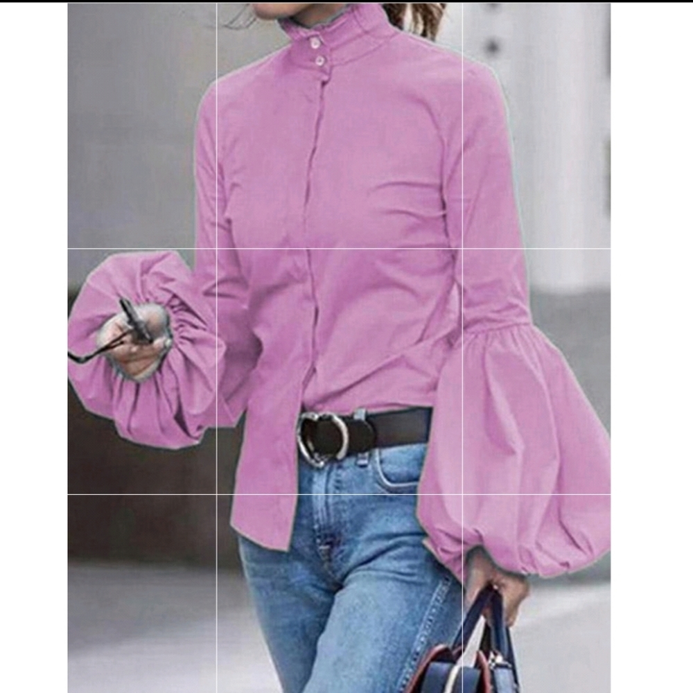 High neck Fluted Sleeve buttons Woman blouse